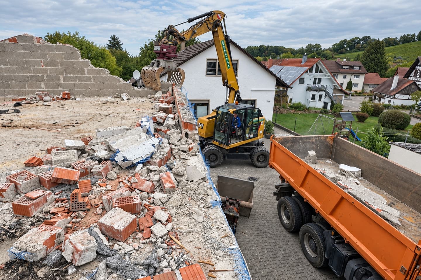 Schille-Bagger mit Sortiergreifer beim Abbruch eines Wohnhauses in Offenburg-Zell-Weierbach