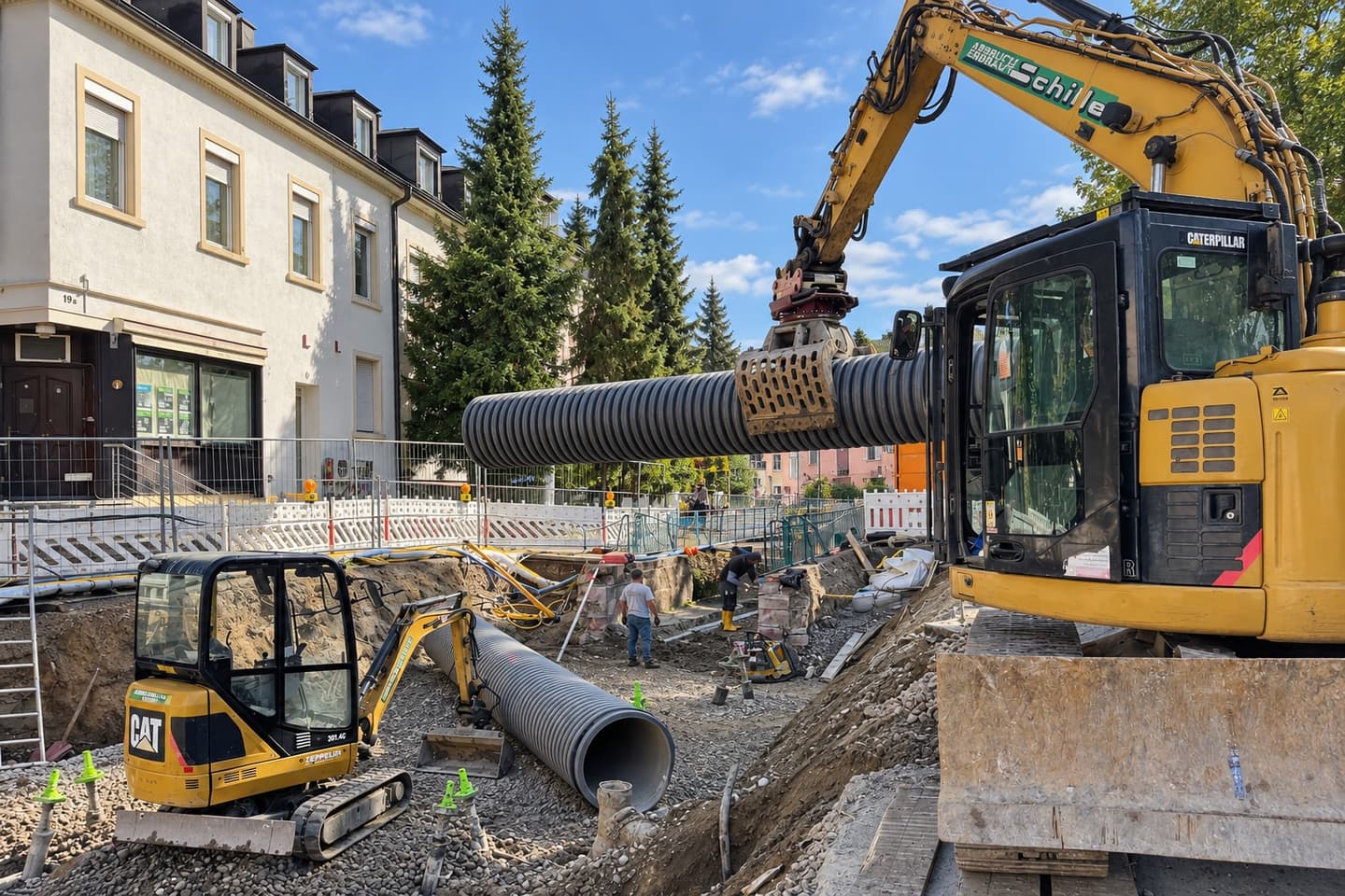 Einbau eines großen Entwässerungsrohrs mit dem Bagger in Freiburg-Herdern